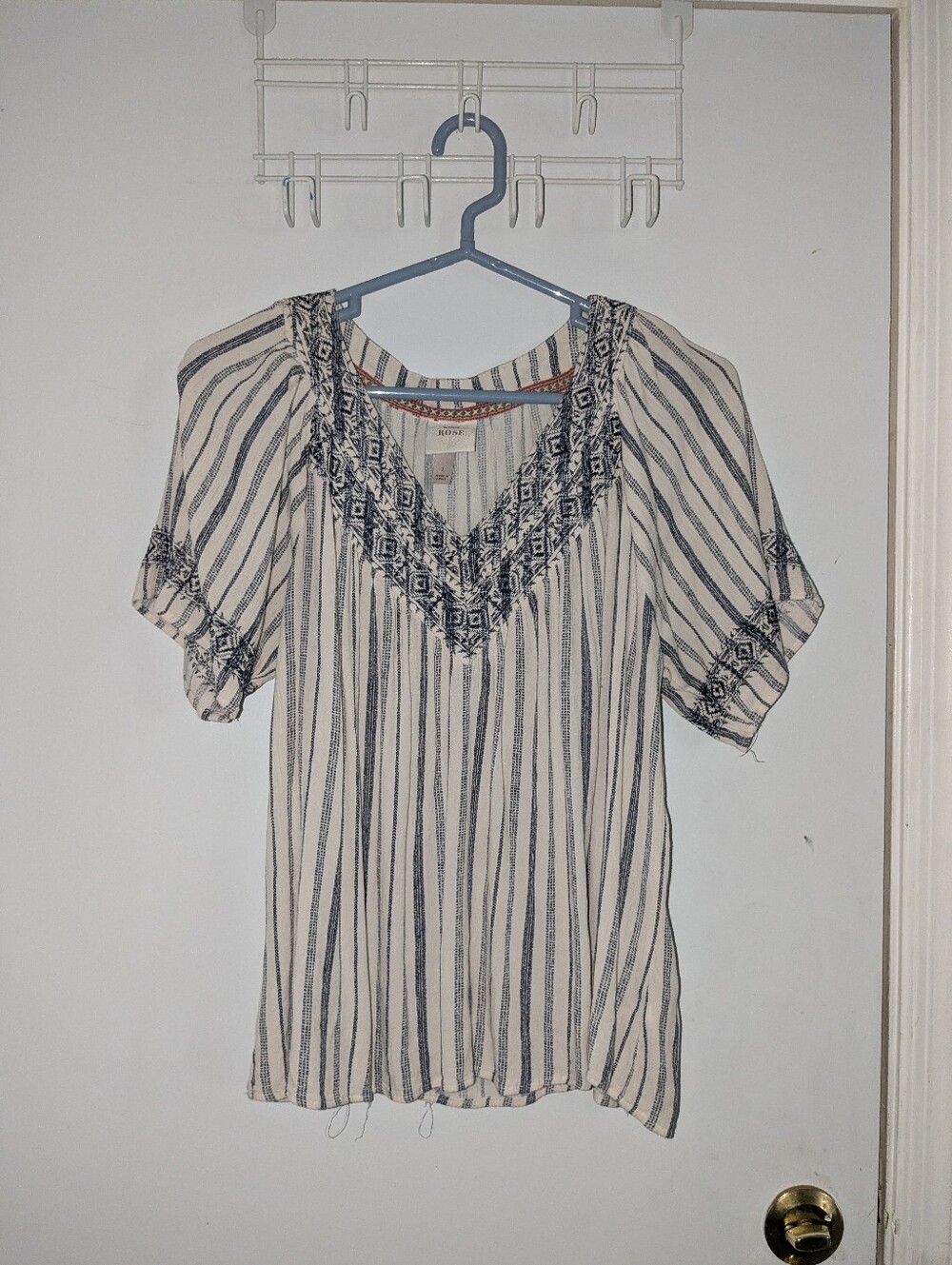 Knox Rose Cream and Black Striped V-Neck Embroidered Blouse - Picture 2 of 4